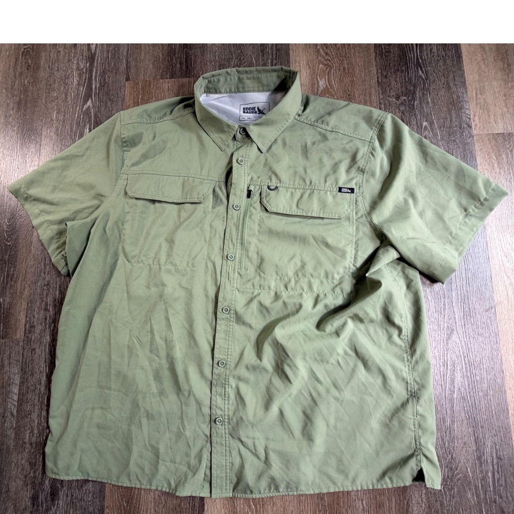Eddie Bauer Fishing Shirt Mens XXL Green Ripstop Short Sleeve Ventilated Pockets